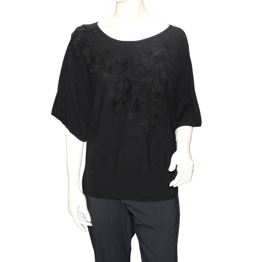 Cable & Gauge Black Dolman Top Floral Appliqué Size L